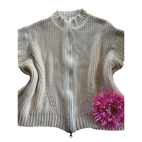 Pure Handknit Cream Sleeveless Zip Cardigan Sweater S/M 100% Cotton - Picture 1 of 10